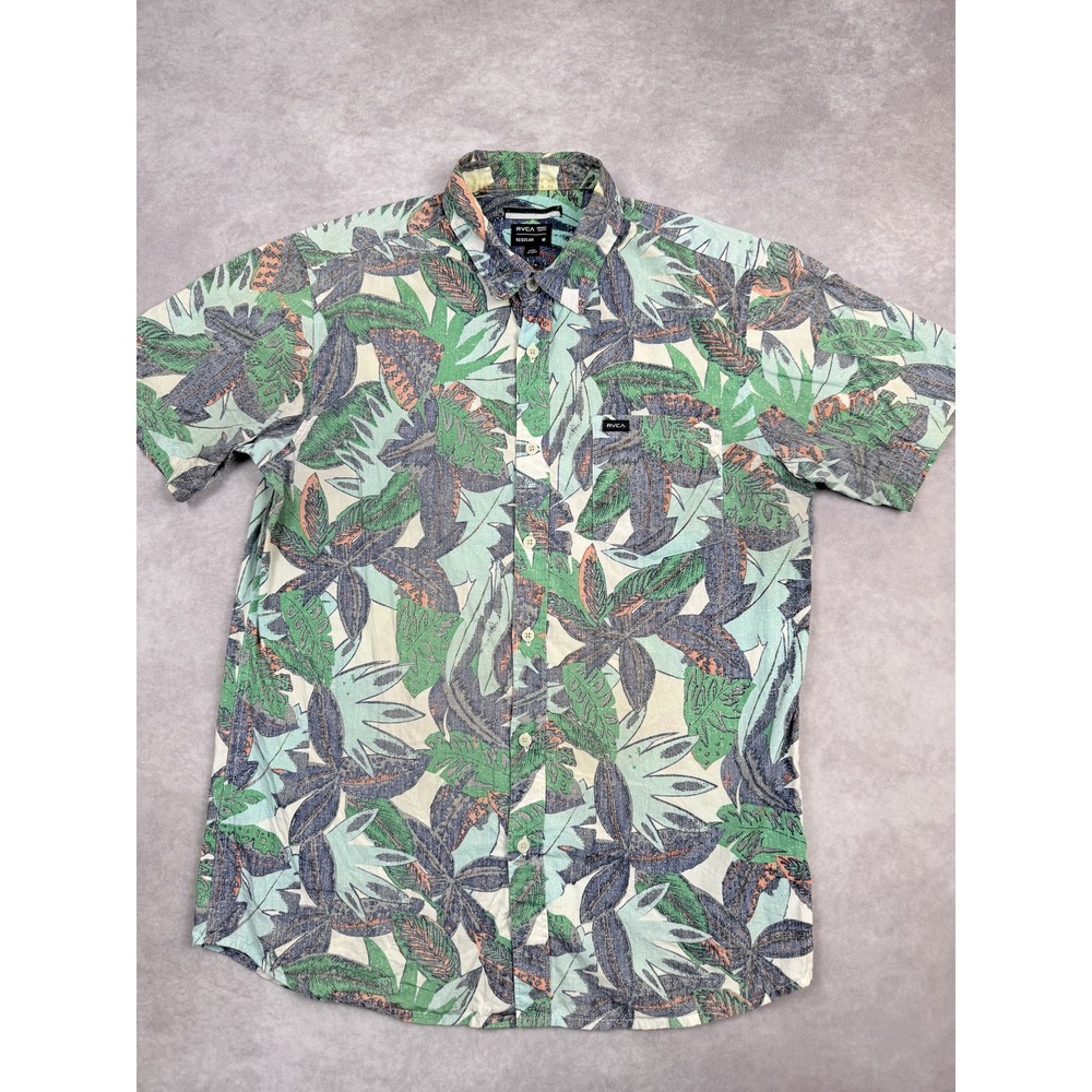 RVCA Shirt Mens Medium Green Blue Orange Leaf Print Button Up Regular Fit Cotton
